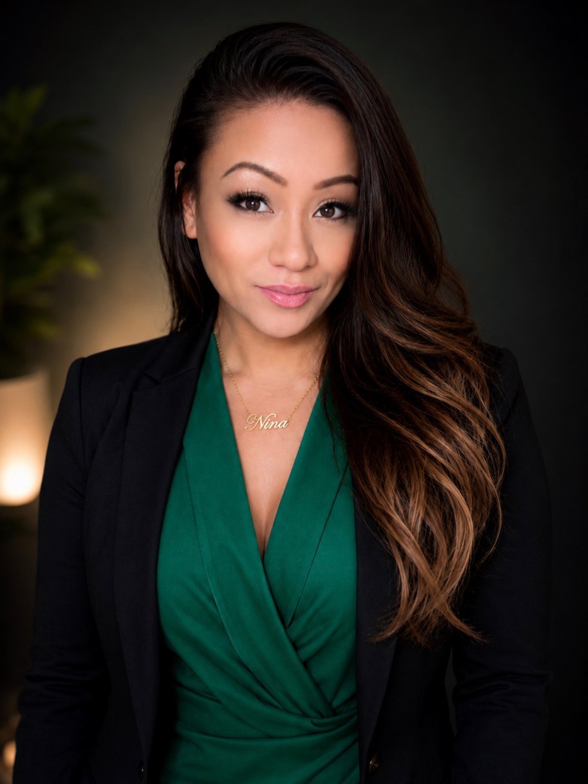Nina professional portrait in black blazer and emerald top