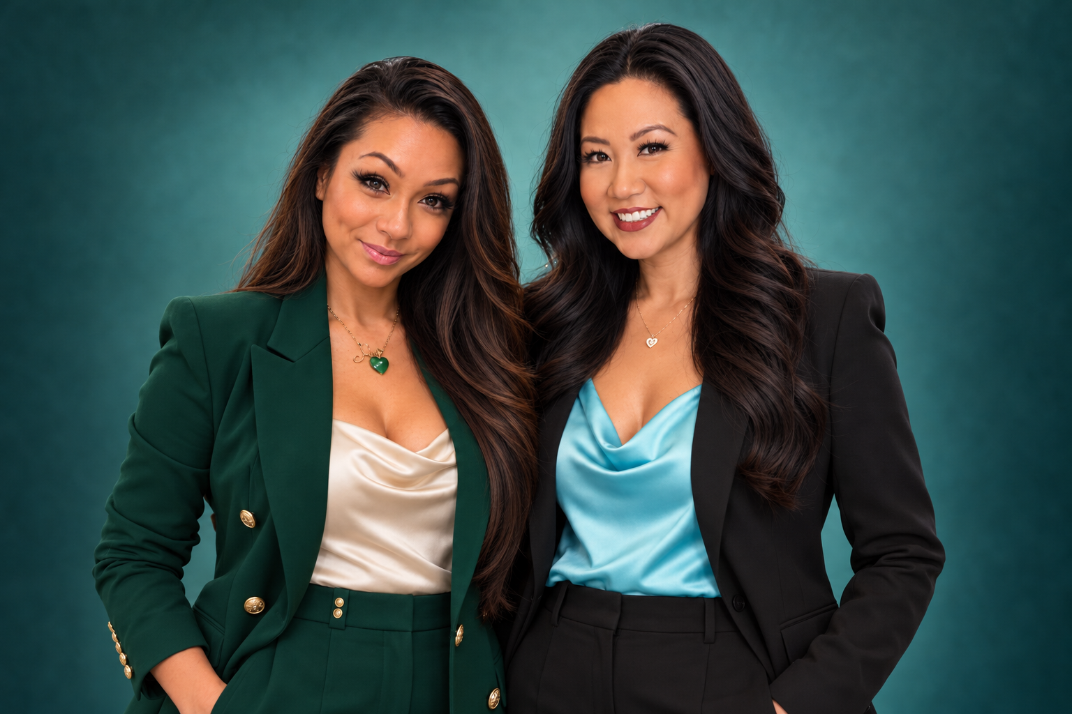 Nina and Kim together in a professional emerald and turquoise portrait