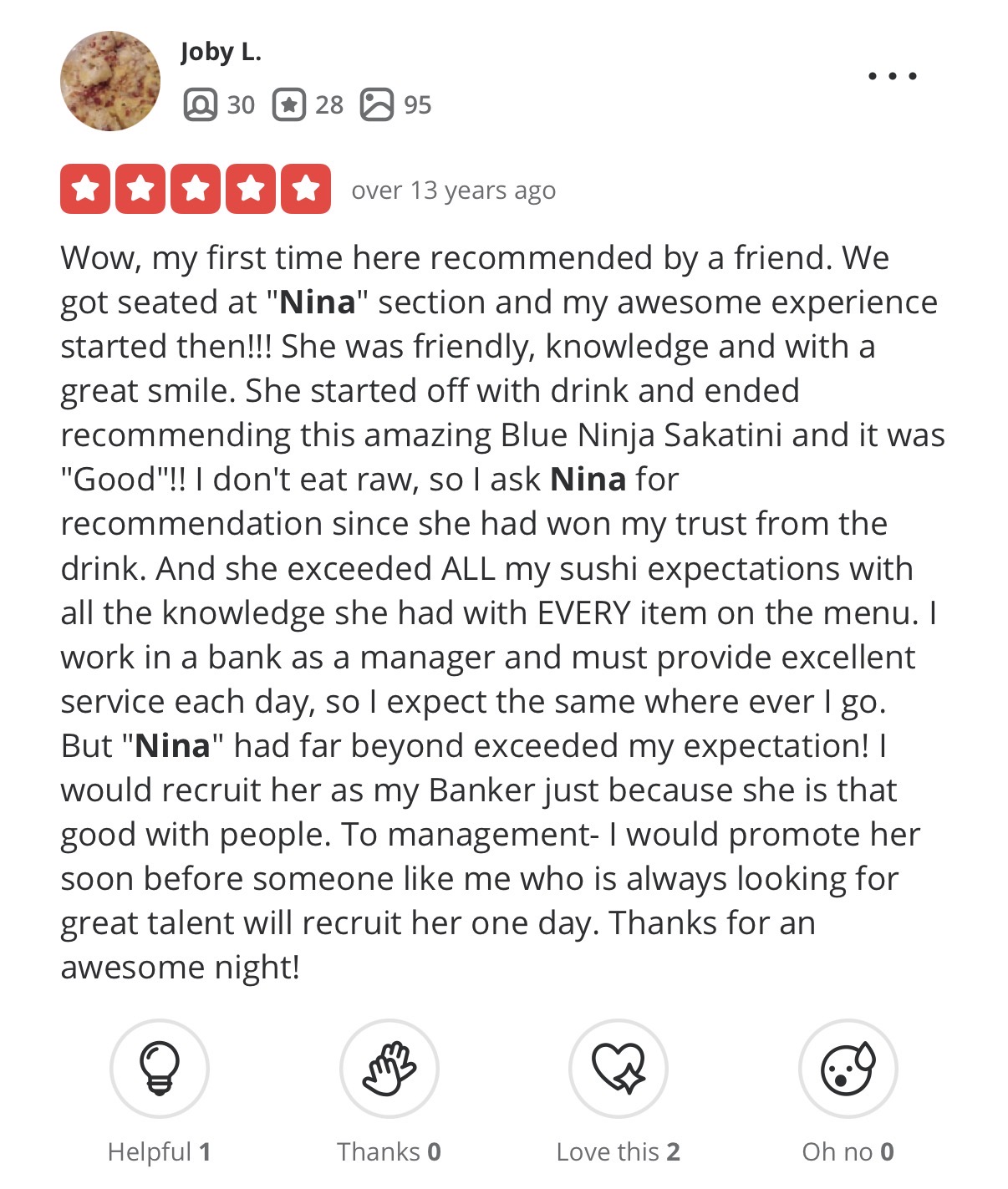 Original Yelp review by Joby L.