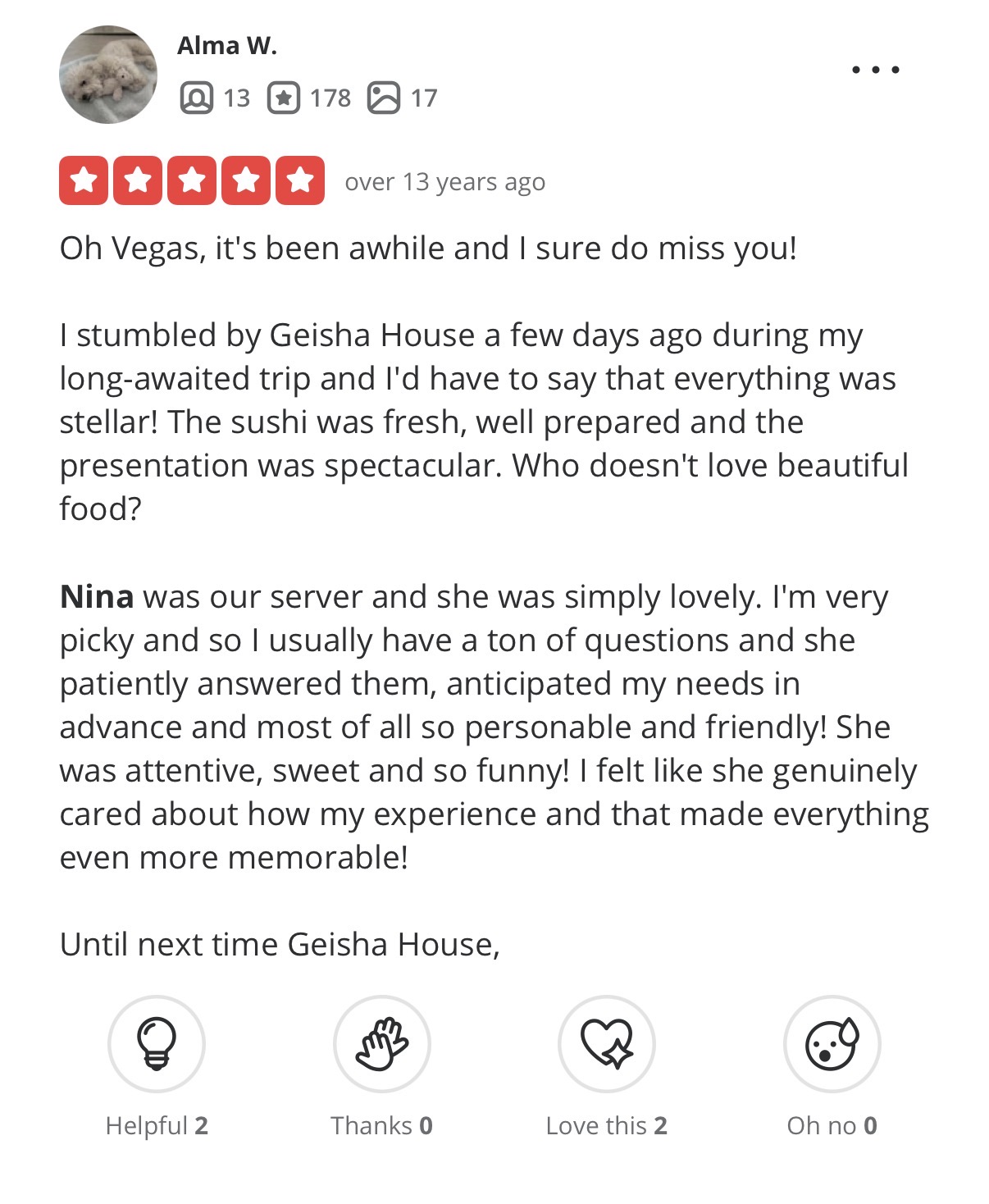 Original Yelp review by Alma W.